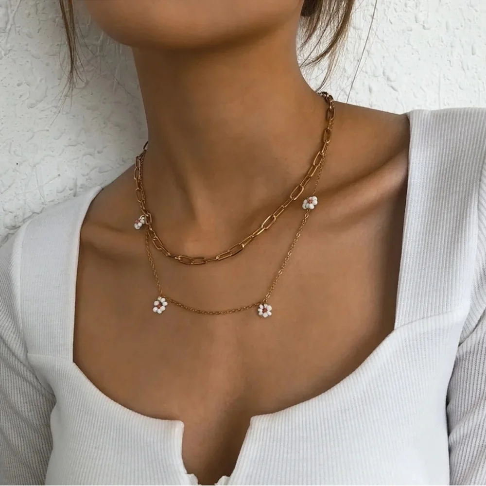 Beautiful Gold Color Chain Necklace with Orange & White Flower - NWOT